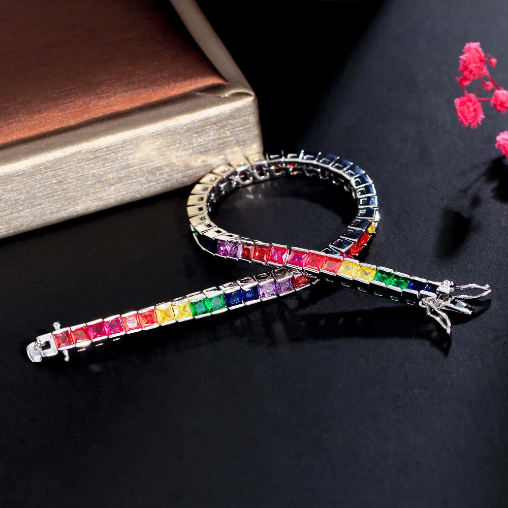 CWWZircons Shiny 5A Cubic Zircon Fine Fashion Rainbow Colorful Iced Out Sqaure CZ Tennis Chain Bracelet for Women CB294 250207