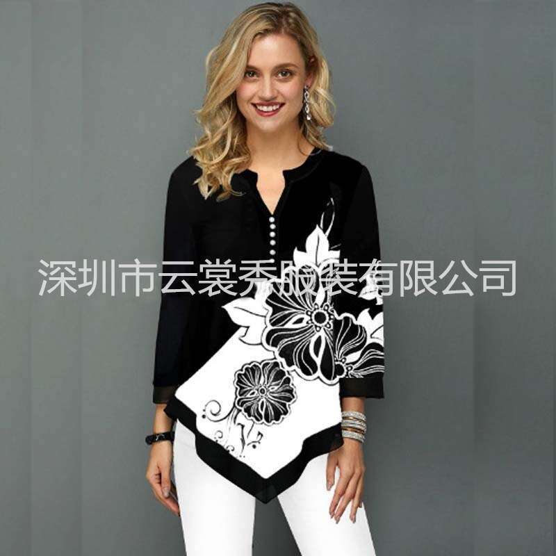 3D positioning printed street trendsetter V-neck irregular hem loose T-shirt 2024 new casual versatile fashion clothing