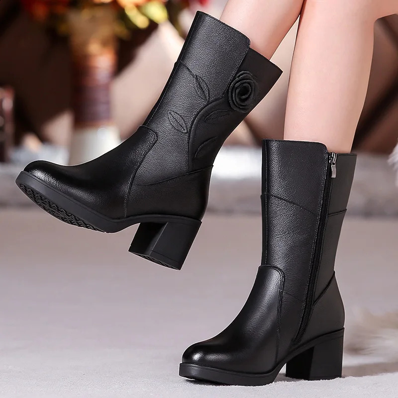 WOIZGIC Womens Female Ladies Mother Genuine Leather Mid Calf Boots Shoes Warm Fur Plush Winter Zipper Flower Commute NonSlip 250118
