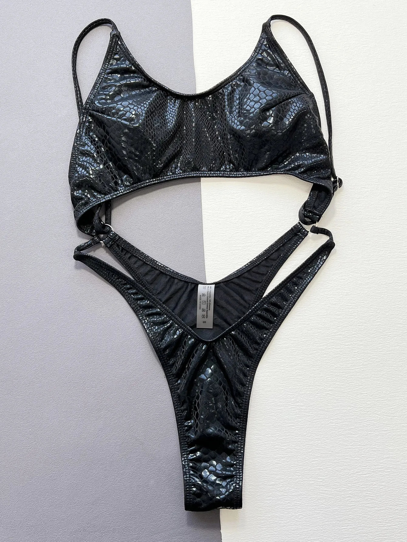 Women black snake print metallic swimsuit one piece hollow backless bikini Swimwear bathing suit beach outfits bodysuit biquini 250207