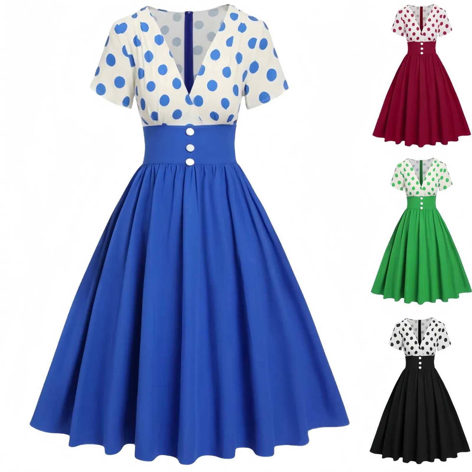 2024 50s Casual Vintage Women Dress Ladies Yellow Black Polka Dot Print Robe Rockabilly Swing Party Dress Patchwork VestidosXJ2500207