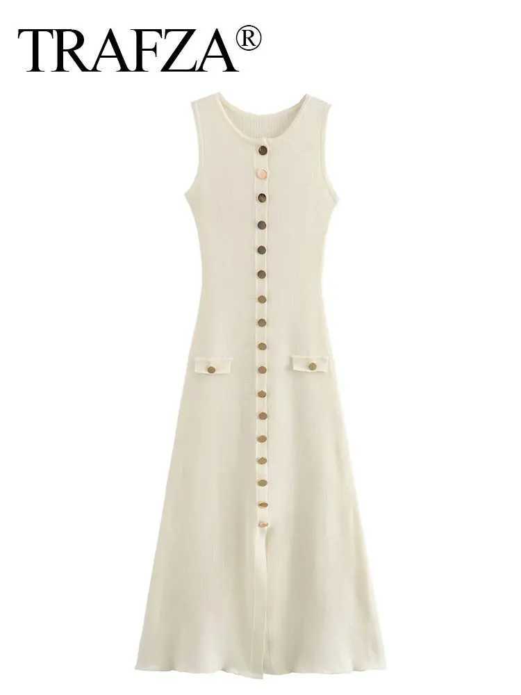 TRZA Women Ele Solid Knitted Dress Single Breasted O Neck Sveless Dresses With Pockets Slim Midi Dress Office Lady TRXJ2500207