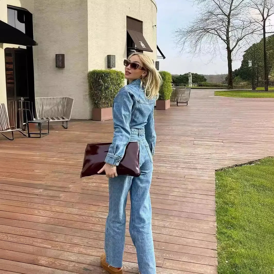 Denim One Piece Women Jumpsuits Turn Down Collar Full Sleeve Slim Fit Tight Waist Wide Leg Long Pants Overalls Casual Rompers 250206