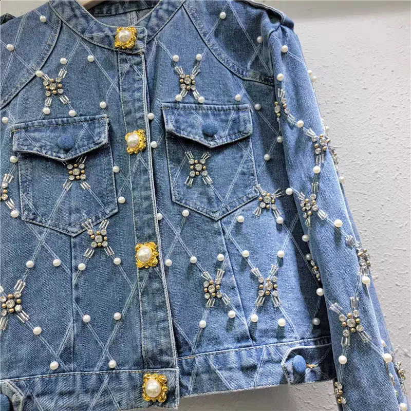WTHT Trendy Womens Plaid Pearl Diamonds Short Denim Jacket 2025 Spring Fashion O-neck Long Sleeves Coat Female 1LS695 250121