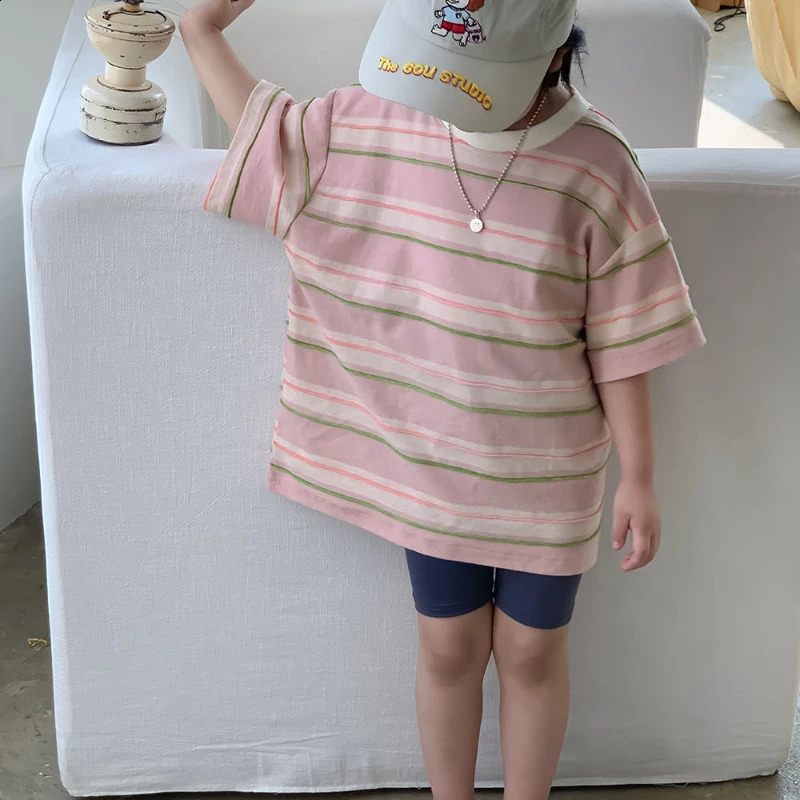 Children Clothing Girls T Shirt Korean Style Loose Short Sleeve Summer Fashionable Oversize Stripe T Shirt Top 250207