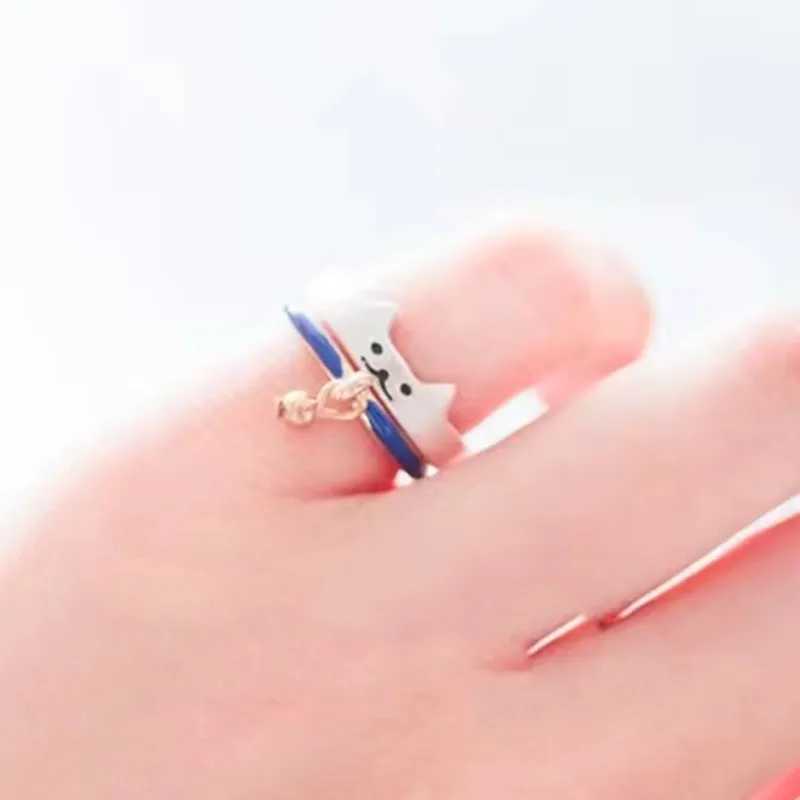 Set of 2 Cute Fashion Painted Enamel Animal Cat Bell Paw Print Open Ring Women Fashion Jewelry Couple Gift W250207