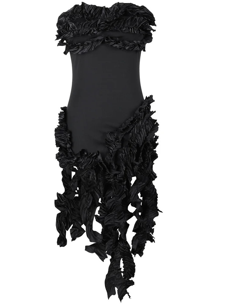 Bonnie Forest Womens Fringed Bandage Midi Dress Glam Strapless Irregular Ruffle Party Cocktail Dress Female Vestidos Clubwear 250207