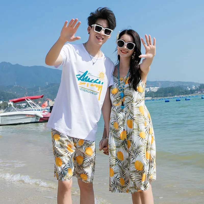 Summer Beach Family Matching Outfits Mum Daughter Floral Dresses Dad Son Cotton T-shirt+Shorts Couple Clothes Holiday Seaside W250207