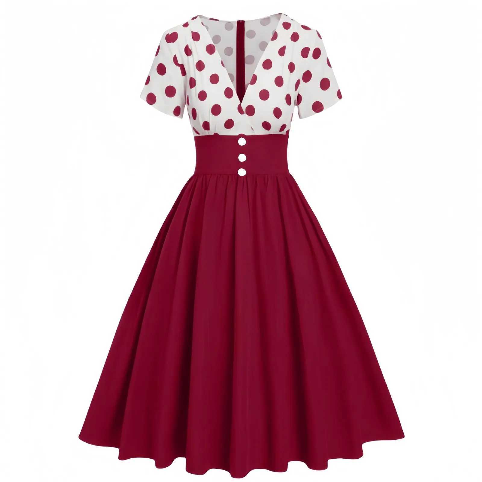2024 50s Casual Vintage Women Dress Ladies Yellow Black Polka Dot Print Robe Rockabilly Swing Party Dress Patchwork VestidosXJ2500207