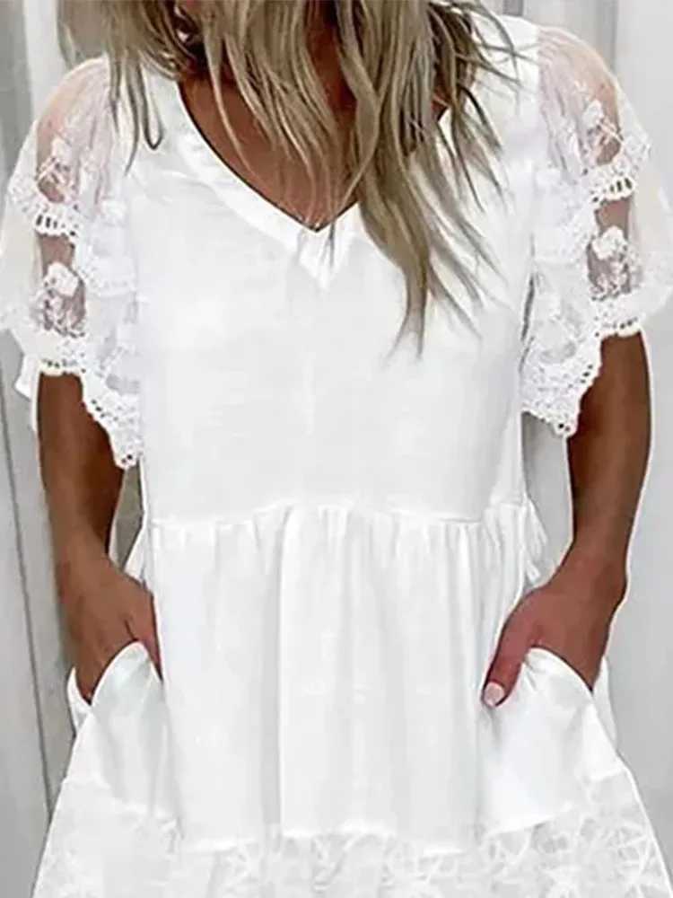 White Lace Patchwork Dress For Women Summer 2024 Casual V-neck Short Sved A-line Dress Fashion Boho Beach DressesXJ2500207
