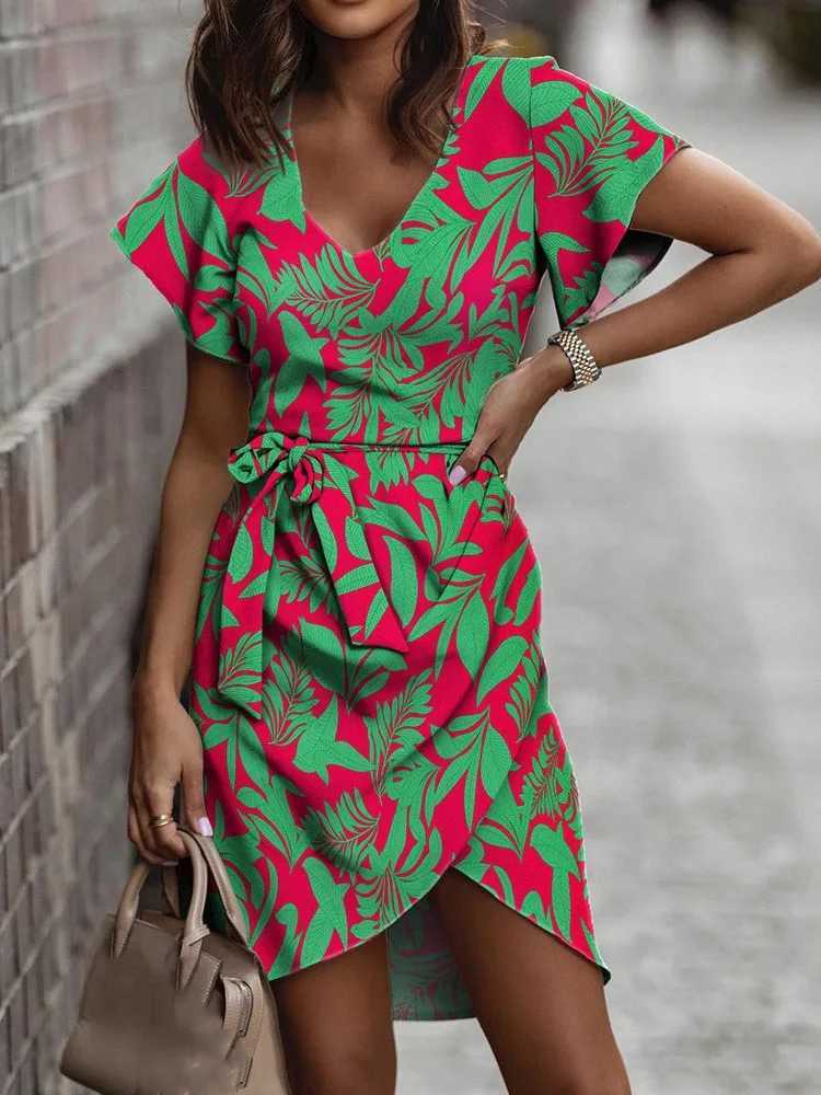 Summer V Neck Print Dresses For Women Ele Office Ladies Dress Fashion Short Sve Casual Boho Beach Party Dress Robe FemmeXJ2500207