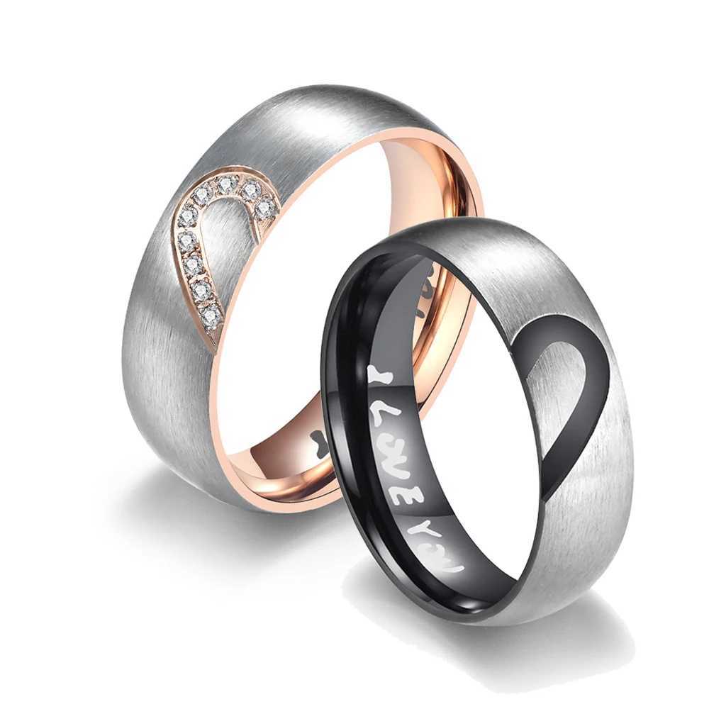 Rose Gold/Black Heart shaped Couple Ring Stainless Steel Couple Love Promise Ring W250207