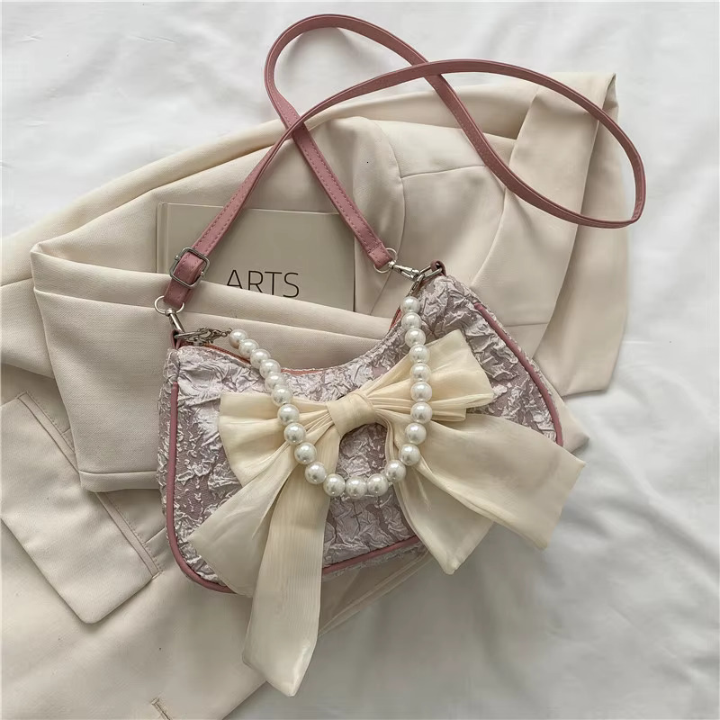 Pearl Female Bag Retro Designer Handbag Bow Crossbody Bags Fashion Canvas Women's Trend Shoulder Bag Purses Polyester Casual