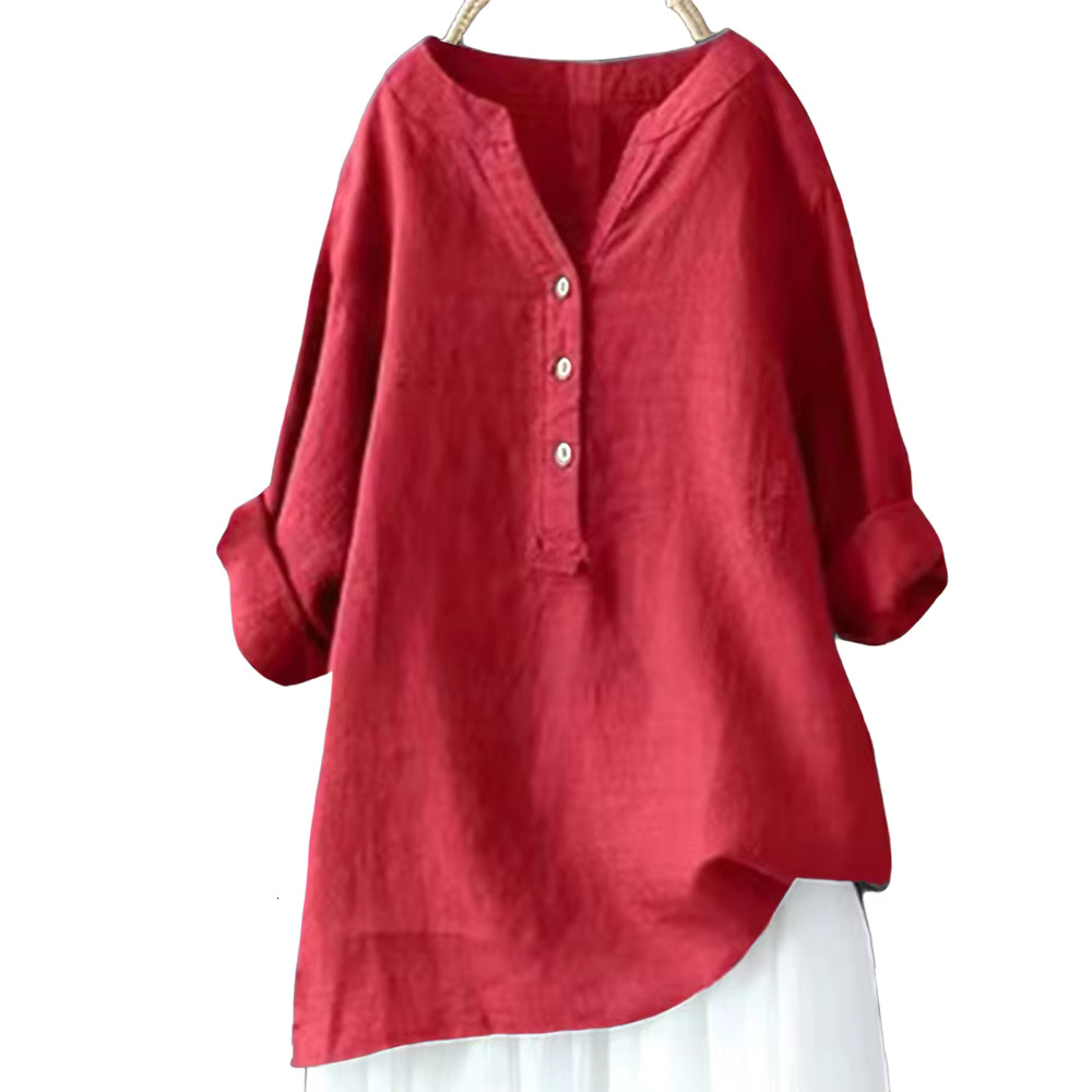 Solid Casual Loose Shirts Women Summer Vintage Plus Size Tops Oversized T-Shirts Fashion Cotton En Short Sleeve Blouses L-5Xl