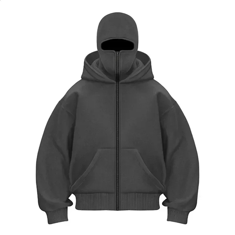 Balaclava Men Zip Hoodie Winter Warm Casual Sweatshirt Y2K with Hooded Face Mask Zipper Sports Jacket Outdoor Activities 250206