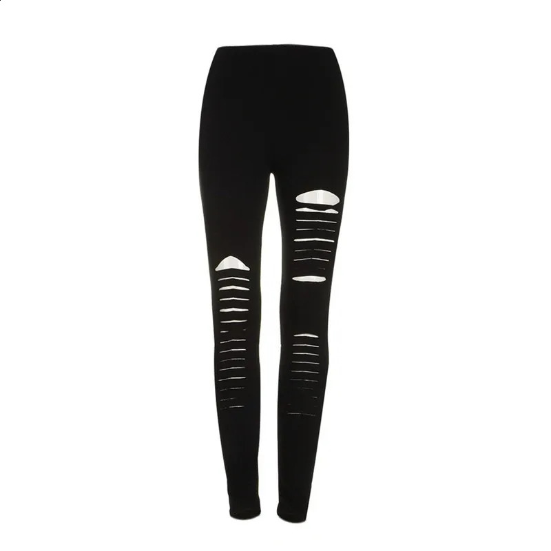 Black Punk Ripped Torn Slashed Cut Striped Leggings Pants Gothic Club Asymmetric Hole Elastic Skinny Pencil For Women Girl 250206