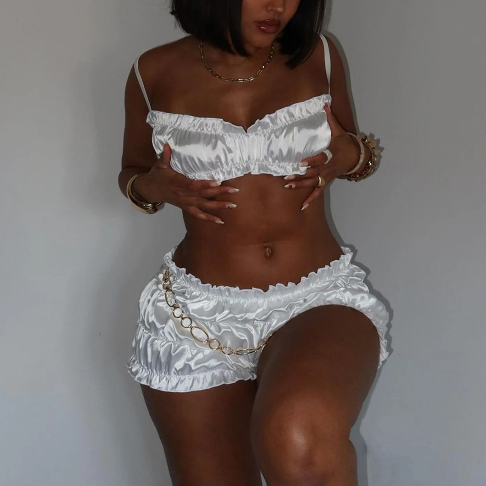 Womens Summer Fashion Sexy Suspenders Chest Slimming Pleated Shorts Set Wholesale 2Piece Outfits 250206