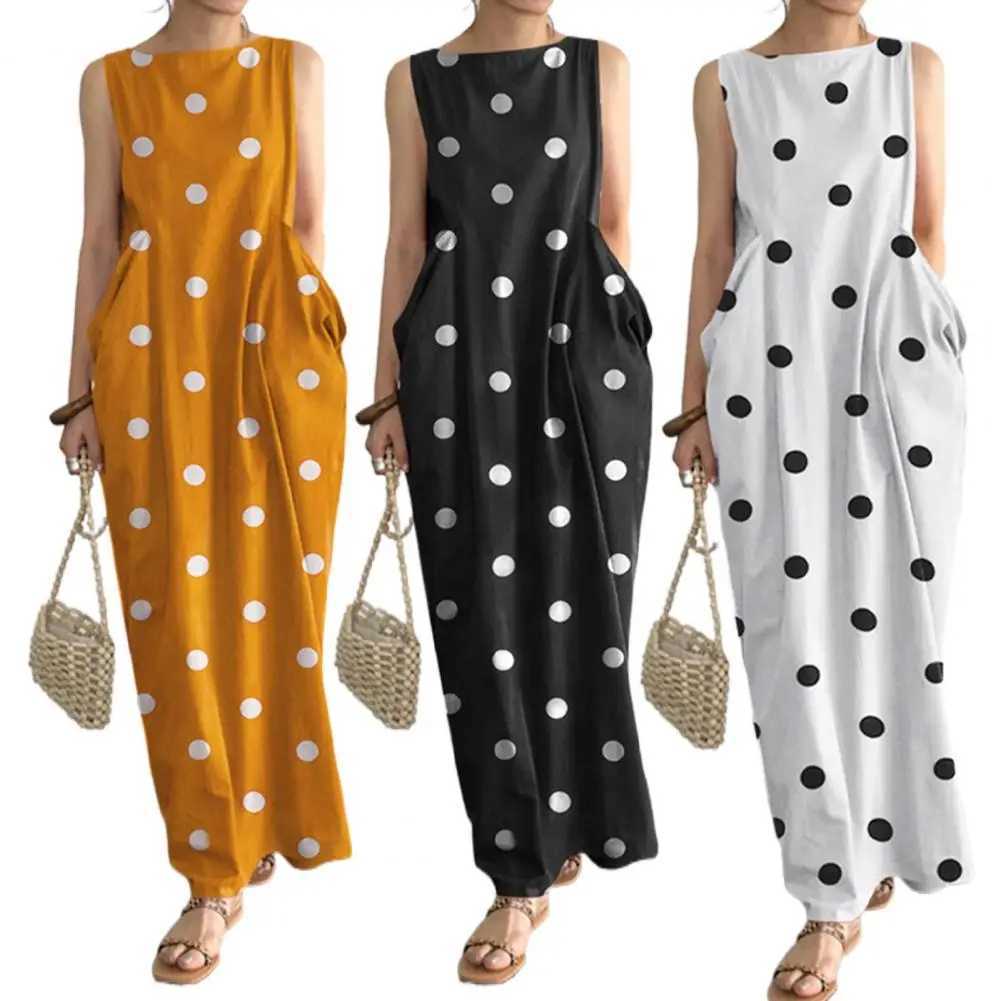 Loose Maxi Dress Summer Maxi Dress with Dot Print O Neck Big Pockets for Women Soft Ankle Length BeachXJ2500207