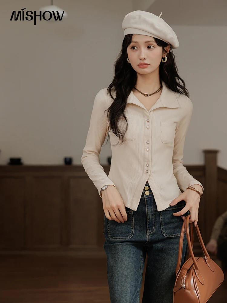 MISHOW Polo Collar Knitted Long Sleeves T-shirt for Autumn 2024 Elastic Slim Top Single Breasted Metal Button Tees MXD44T0397 250207