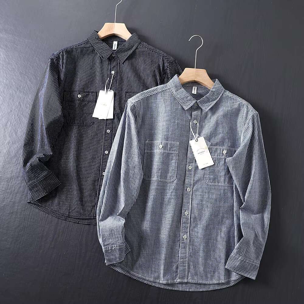 Men's Autumn Pure Cotton Fashionable Loose Striped Long Sleeved Shirt Outdoor Trekking Hiking Climbing Camping Workwear Blouse