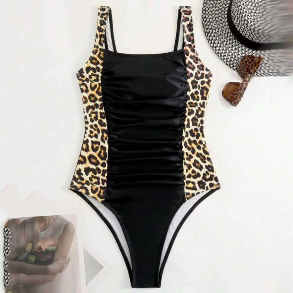 Color Block Leopard Bikini Women Fashion Solid Sexy Suspender Hot Spring Girl Swimsuit Deep Square Neck Slimming Biquinis