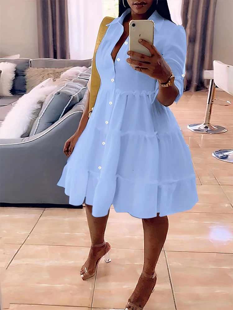 Plus Size 2024 Spring and Summer Womens Loose Casual Button Dress Flip Lapel Pleated Dresses 250206