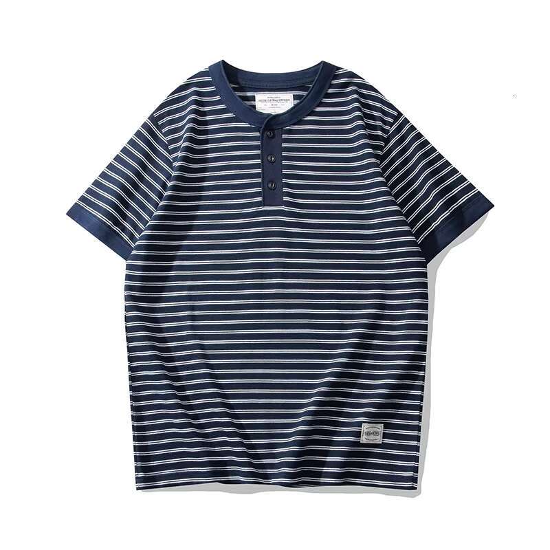 Heavyweight Short Sleeve Striped Neck T-Shirt Deck Sea Soul Henry Shirt, Outdoor Fiess Sports Tops, 240G