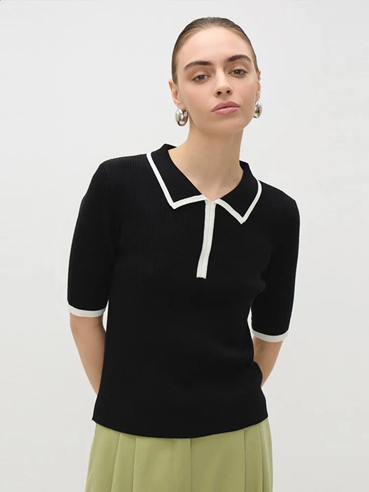 Casual Knitted Contrast Short Tops Women Elegant Laple Short Sleeve Female Polo Blouse 2025 Summer Fashion Chic Lady Outwears 250207