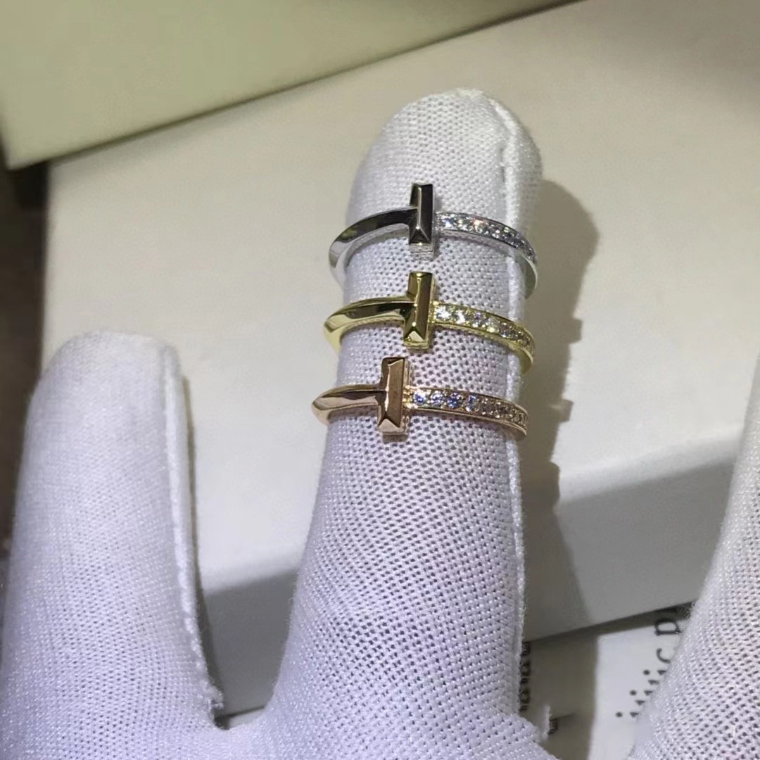 T High Version Gold designer ring Double T Full Diamond V Gold Plated 18K Rose Gold Inlaid Diamond Fashion Light Band Luxury Ring