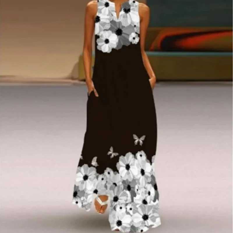 Vintage Flower Print Women Dress Summer Fashion Sexy V-neck Sveless Long Dress Ele Ladies Maxi Dress Fe Robe VestidosXJ2500207
