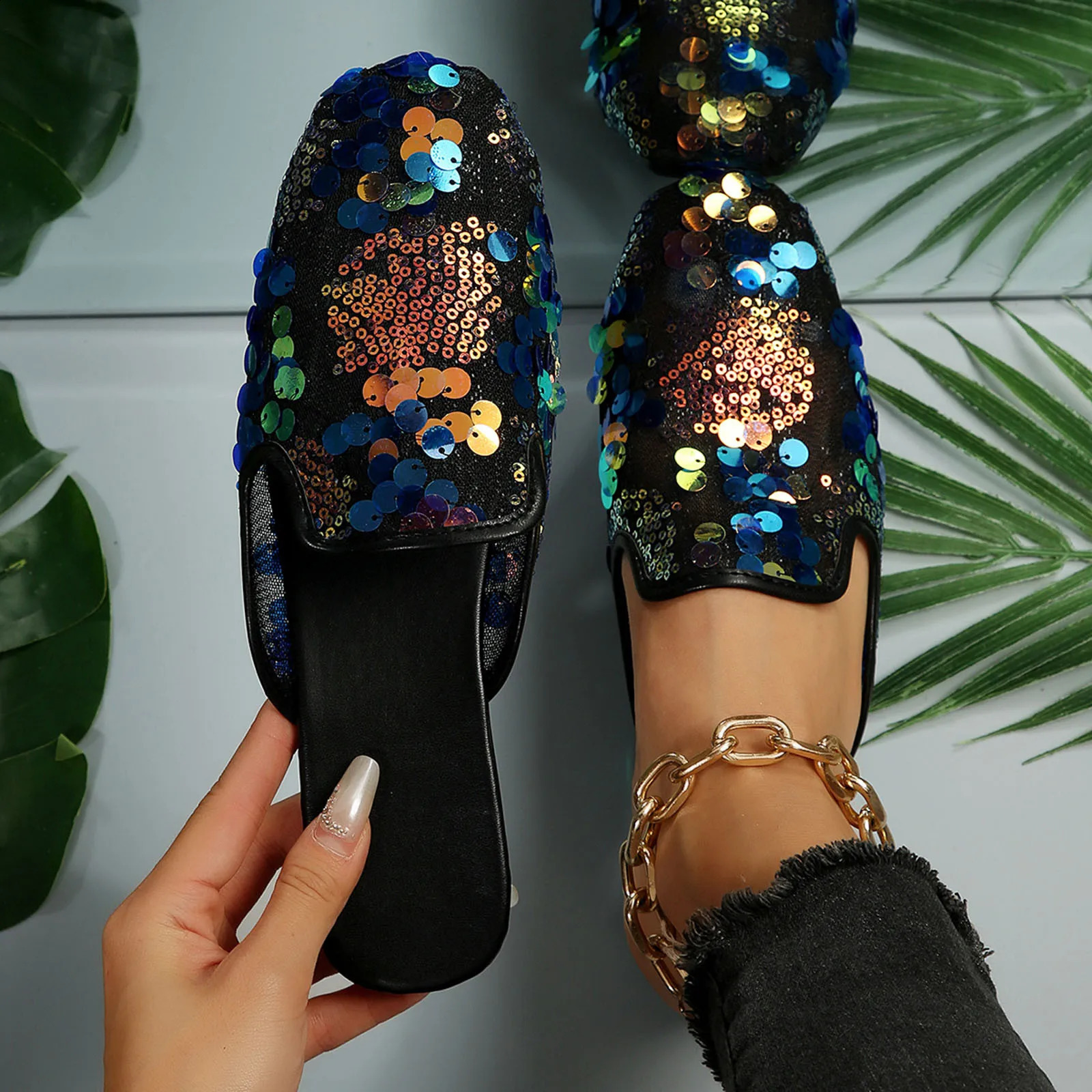 Summer Shoes For Women 2024 Women Casual Shoes Fashionable Pattern Sequin Decoration Square Toe Flat Zapatos Para Mujeres 250206