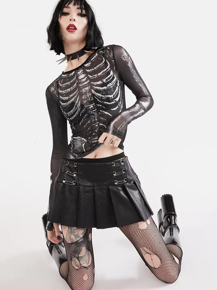 Gothic Punk Shirt 2000s Women Skeleton Pattern Round Neck Long Sleeve Crop Top Black Dark Academia Clothes y2k Tees Streetwear 250206