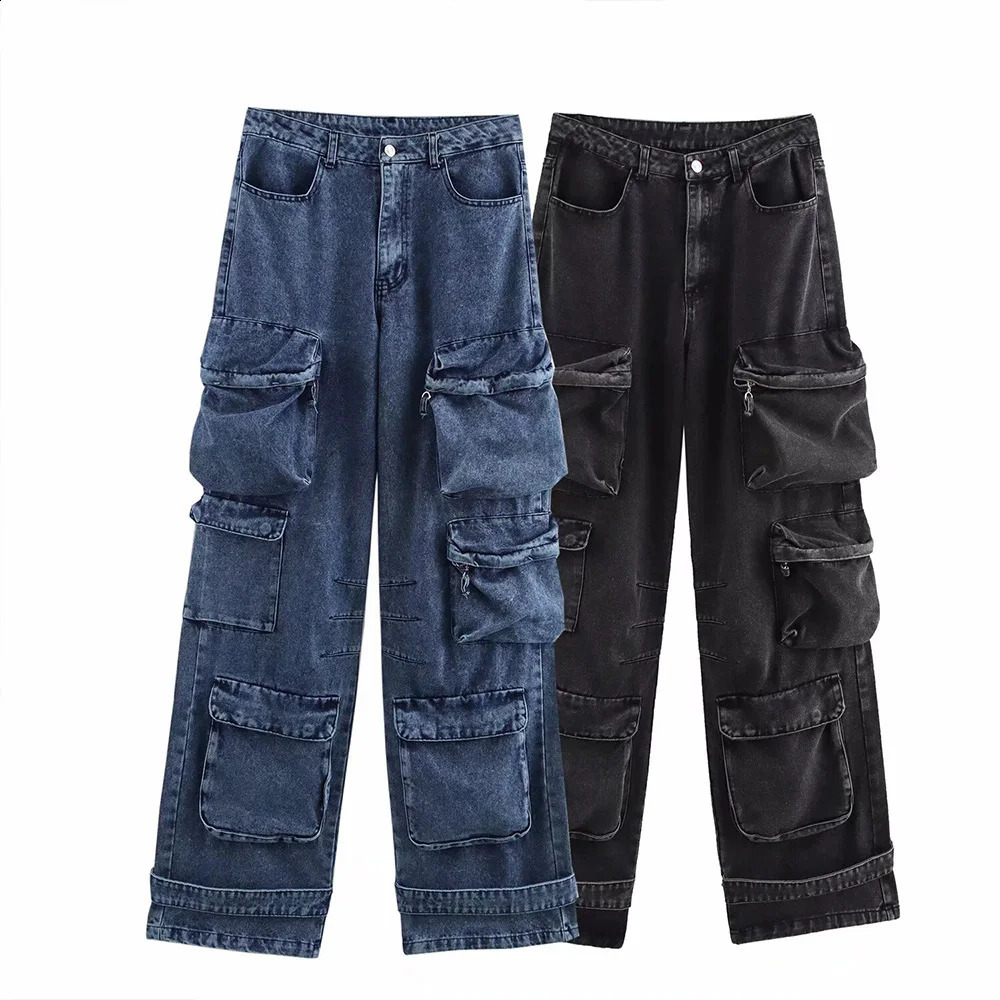 Selling Star Blue Black Two Color High Waist Pocket n Women Loose Solid Long Demin Pants ZATT Winter 250206