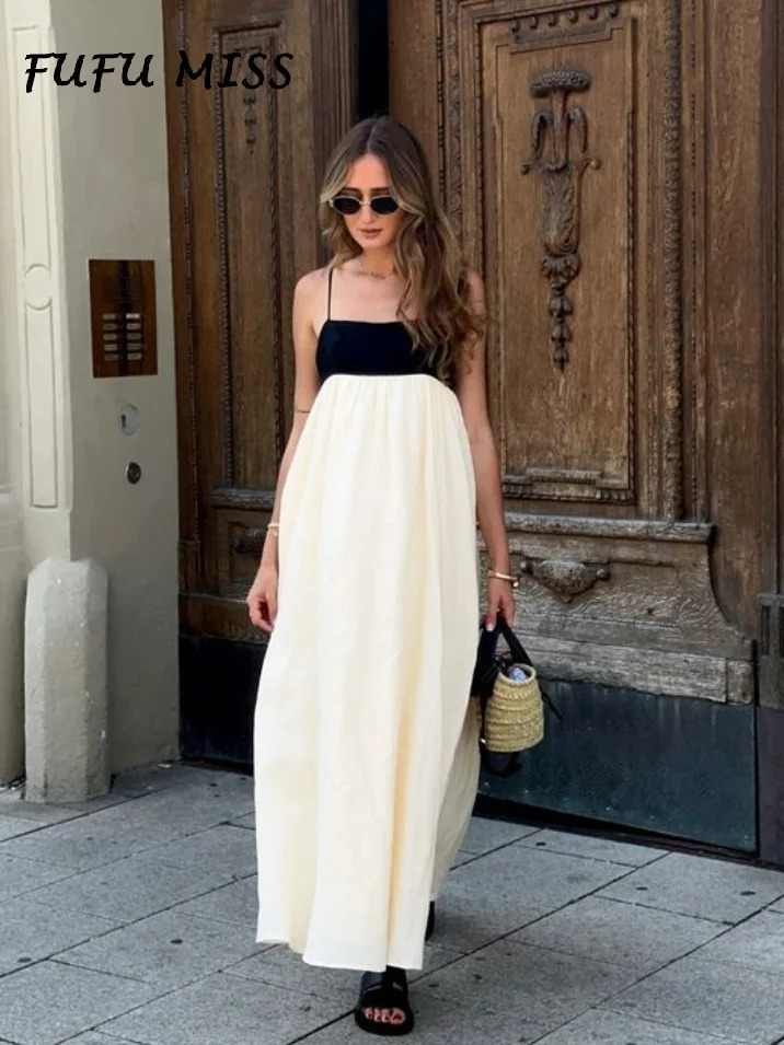 Elegant Contrast Loose Sling Long Dresses Women Square Collar Sleeveless Backless High Waist Dress 2024 Summer Sexy Lady Robe 250207