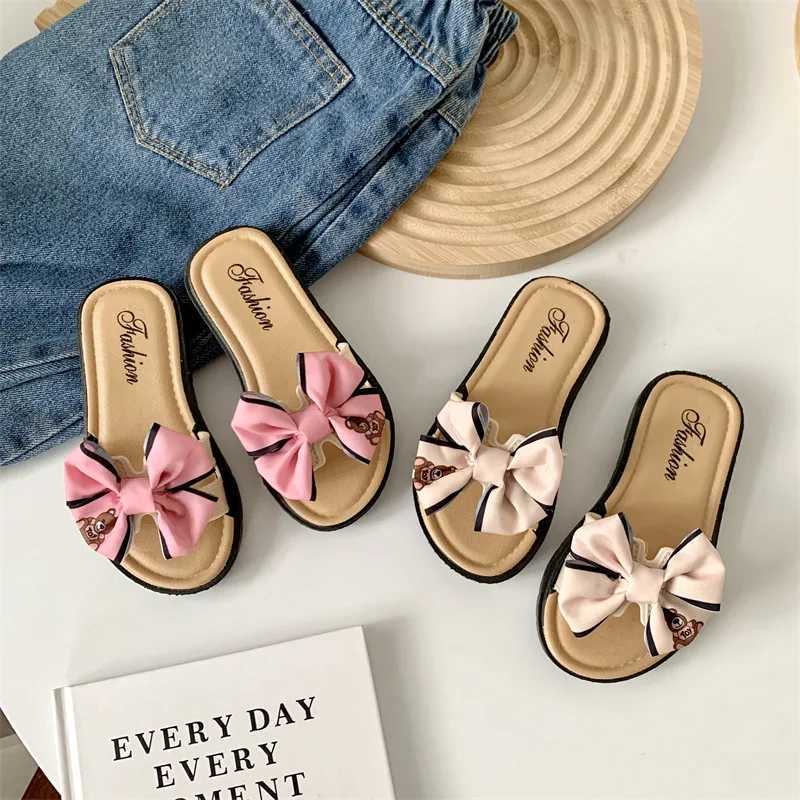 Summer Bear Bow Girls Slippers Indoor Outdoor Home Childrens Slippers Soft Bottom Comfortable Cute Kids Flip-flops Beach ShoesXJ250207