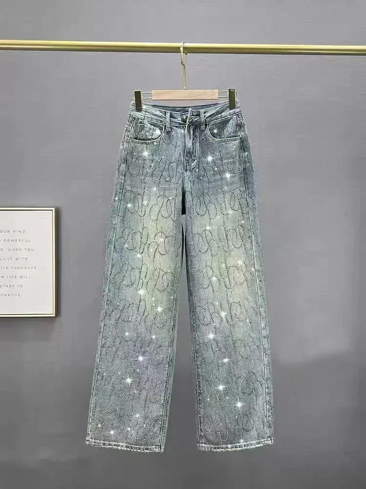 Women Diamond Jeans Shiny High Waist Loose Wide Leg Denim Pants Blue Rhinestone Mopping Pants Streetwear Fashion Trousers 250122