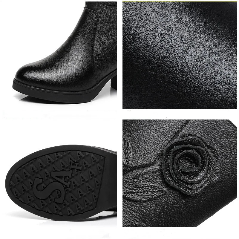 WOIZGIC Womens Female Ladies Mother Genuine Leather Mid Calf Boots Shoes Warm Fur Plush Winter Zipper Flower Commute NonSlip 250118