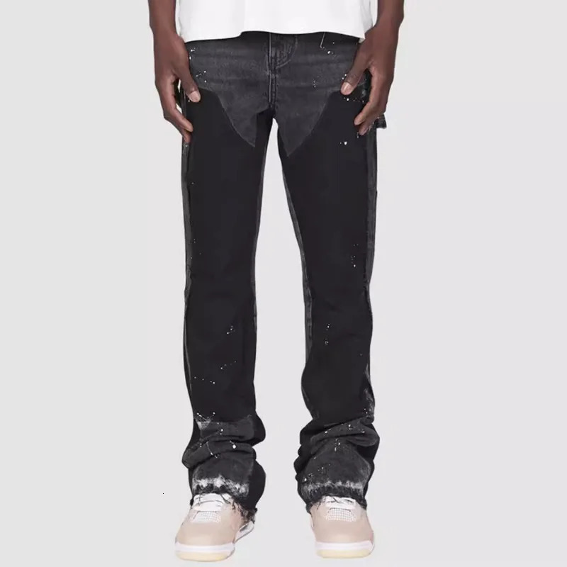 Y2k Jeans Men Painting Patch Baggy Stacked Fashion Work Wear Stretch Denim Flare Pants 250113
