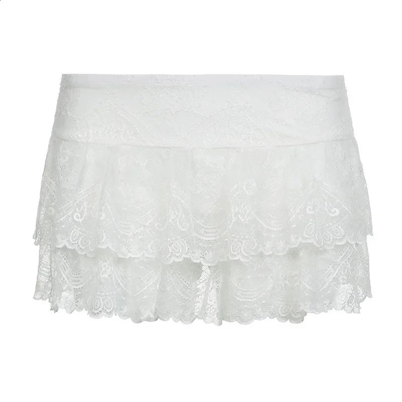 Lace Tulle Skirt A-line Miniskirt Black Solid Low Waist Tiered Lace Shorts Skirts Womens White Fairycore Micro Boho Skirt 250206