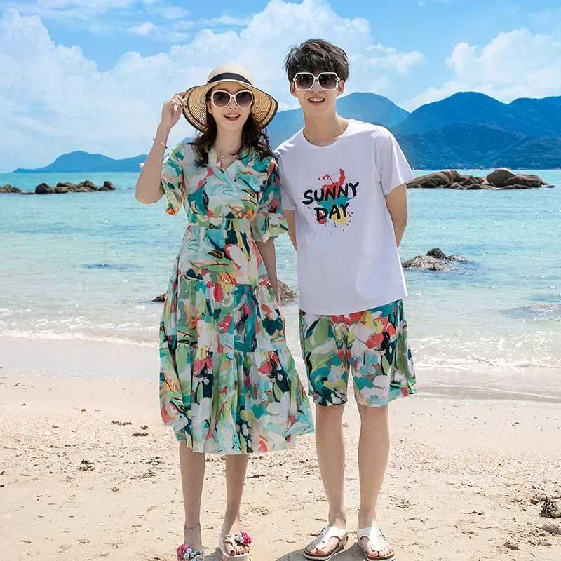 Holiday Family Matching Beach Couple Clothing Mom Daughter Green Dress Dad Son Outfits Resort Vacation Look Parent-child Clothes W250207
