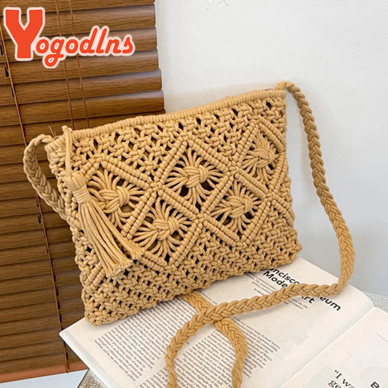 Summer Hollow Straw Bag For Women Tassel Decors Shoulder Messenger Bag Travel Beach Bag Daily Cotton Rope Crossbody Bag 250120