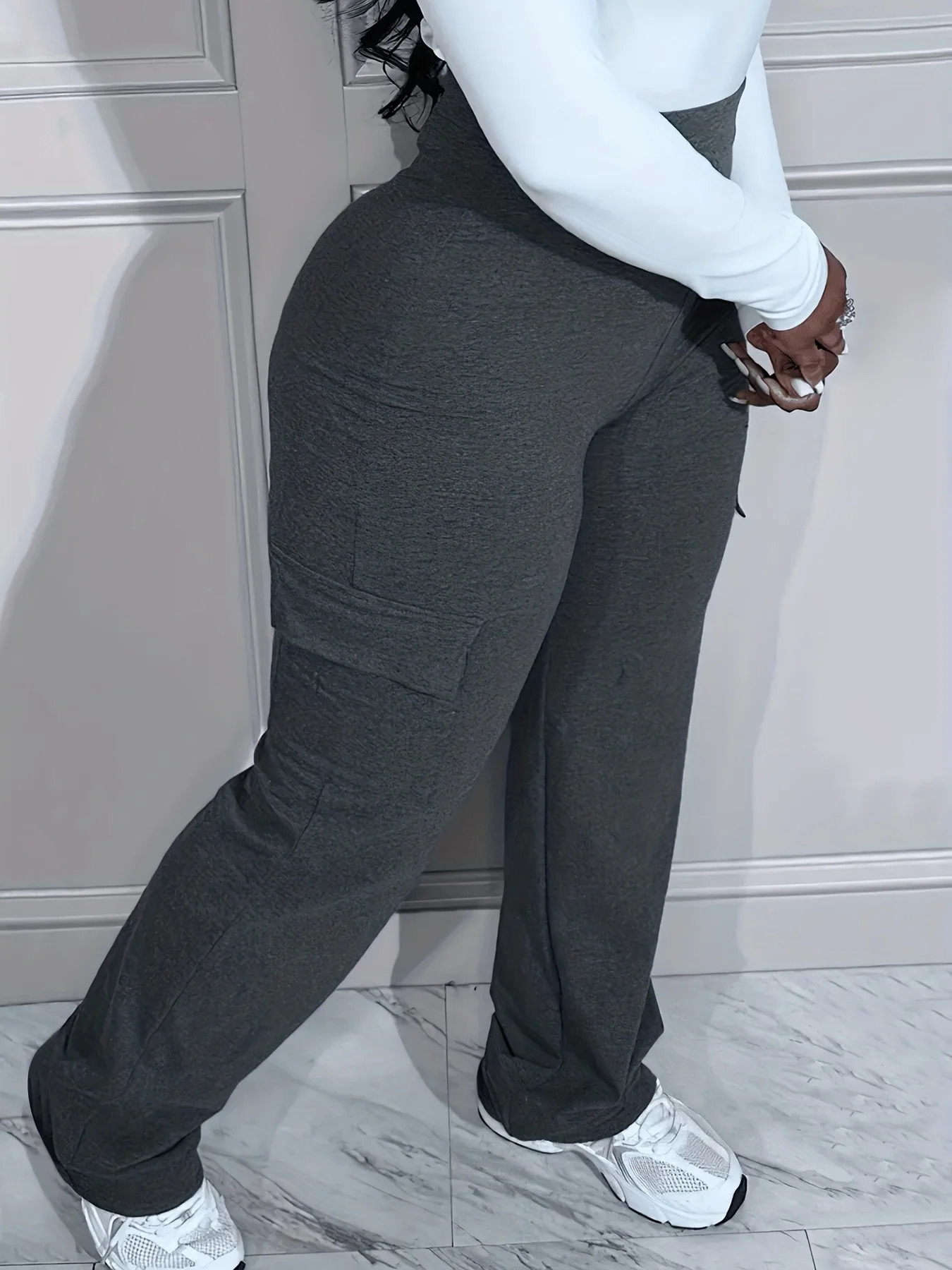 Plus Size Solid Pocket Pants Casual High Waist Pants For Spring Fall Womens Plus Size Clothing 250207