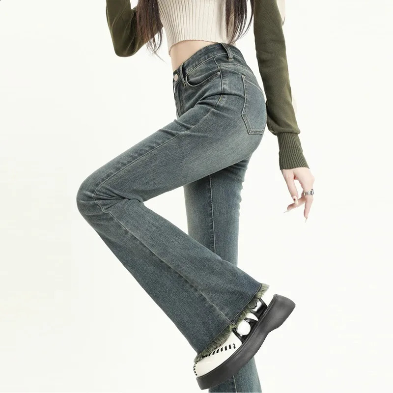 Korean Version High Waisted Fringed n Denim Pants Fashionable Temperament Versatile Flared Trouser Legs Jeans for Female 250206