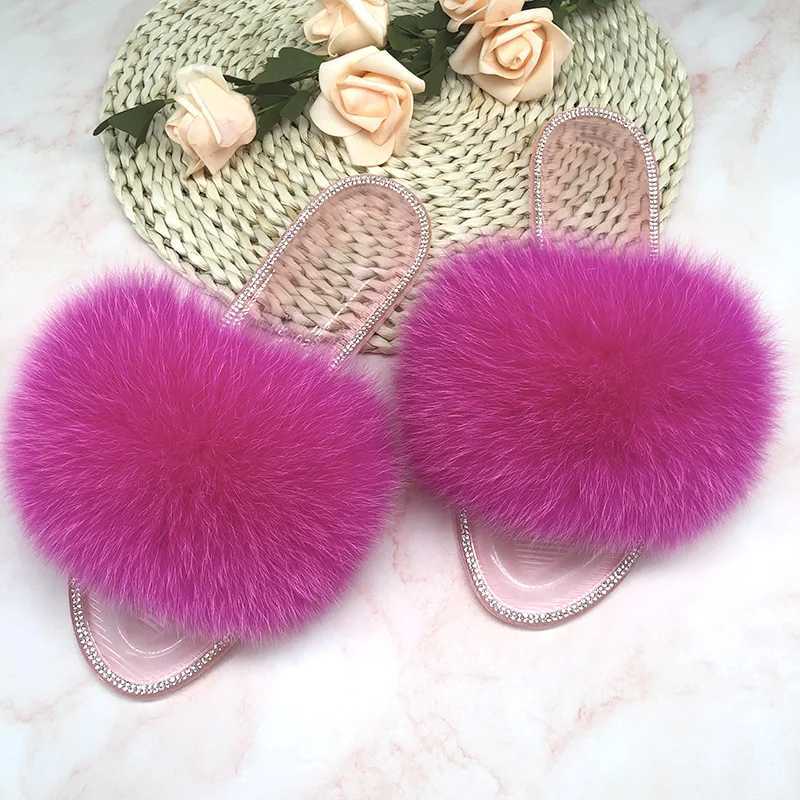 Summer Jelly Shoes Plush Fur Slippers Women Real Fox Fur Slides Outdoor Flat Sandals Big Size Shoes For Women Flip FlopsXJ250207