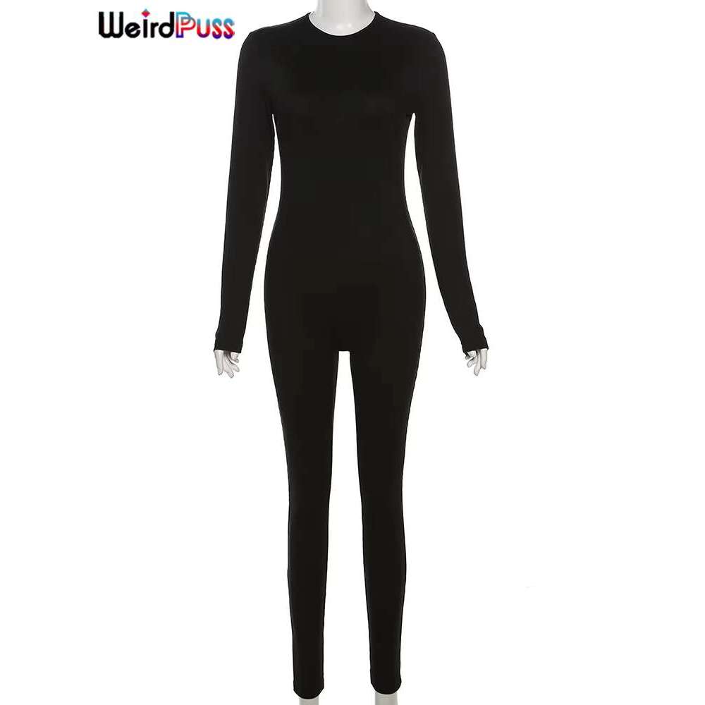 Weird Puss Solid Fiess Casual Jumpsuit Women Long Sleeve Stretch Skinny Activity Sporty Tight Simple Fall Streetwear Overalls