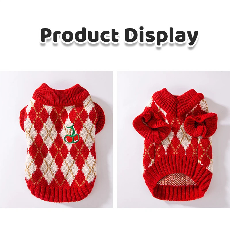 Winter Dog Sweater Fashion Plaid Dog Clothes Warm Soft Puppy Knitted Sweater Cherry Print Cat Pullovers Chihuahua Pet Clothes 250206
