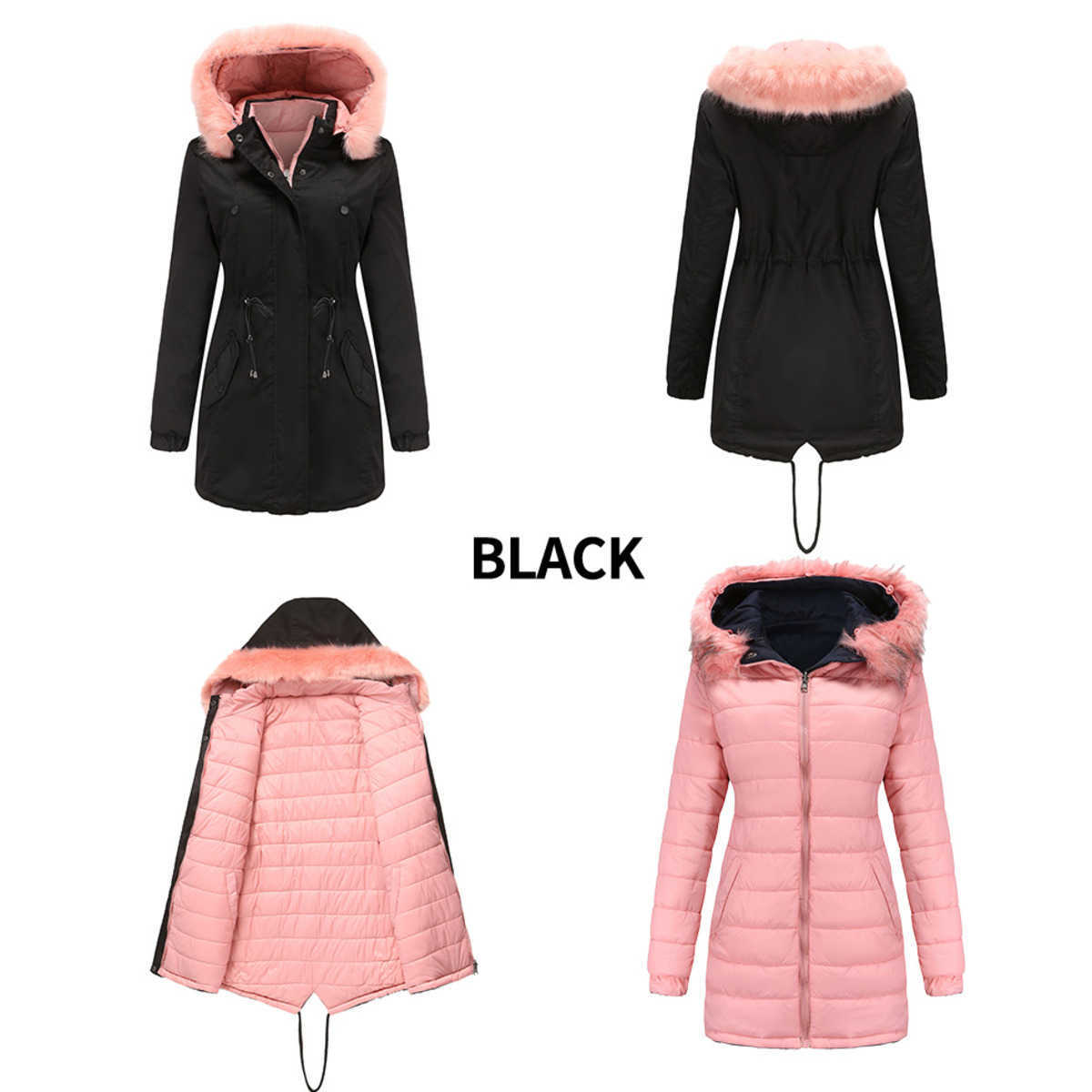 WoMens Cotton Jacket Double-sided Detachable Fur Collar Hat Clip Cotton Overcome Womens Long Trench Coat Womens Jacket 241209
