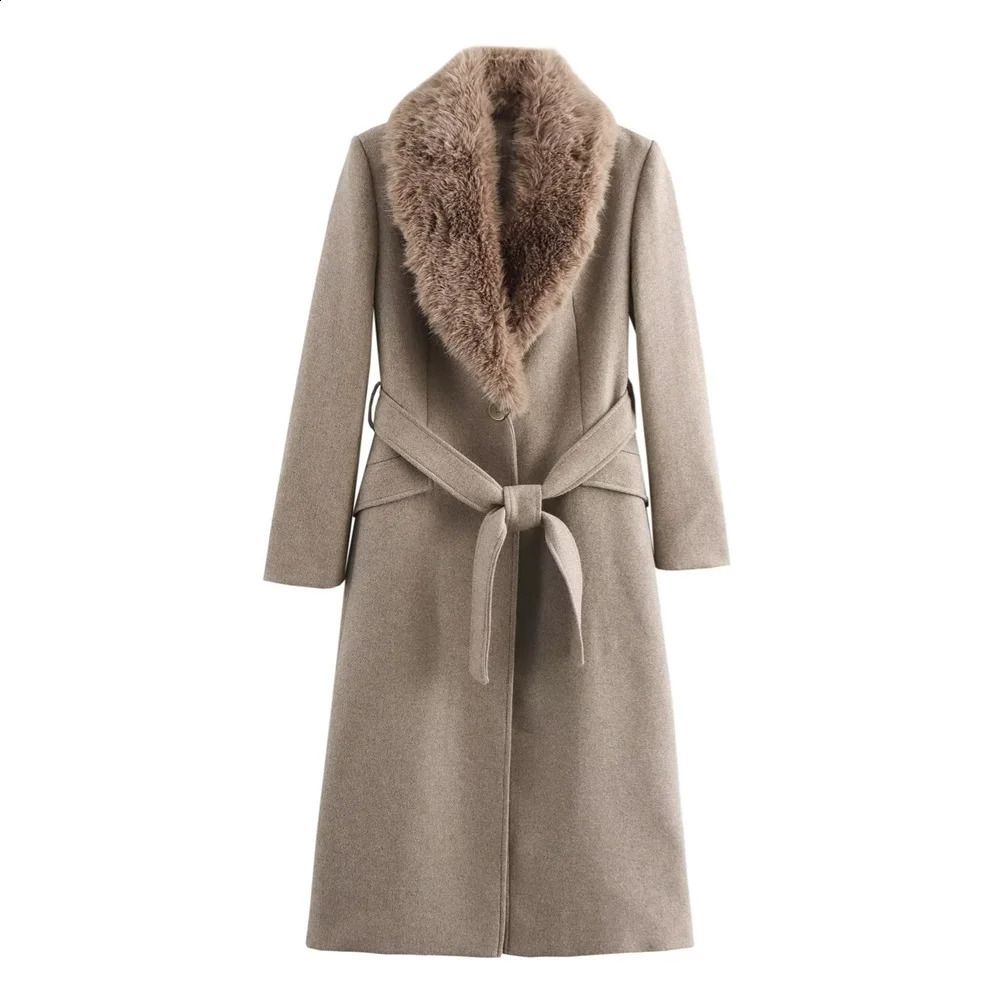 2024 RARF womens lapel single breasted fur collar coat jacket belt decoration autumn and winter clothing 250109
