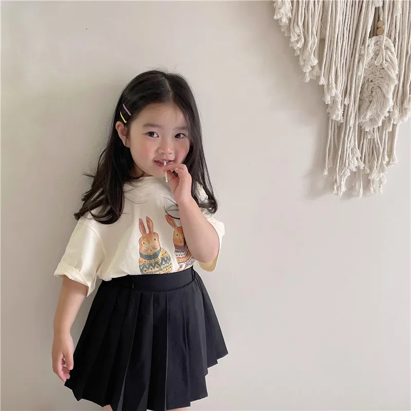 2152B Children T Shirt Summer Childrens Short-sleeved Cartoon Tops Boys and Girls Rabbit Flower Printed T-shirt 250207