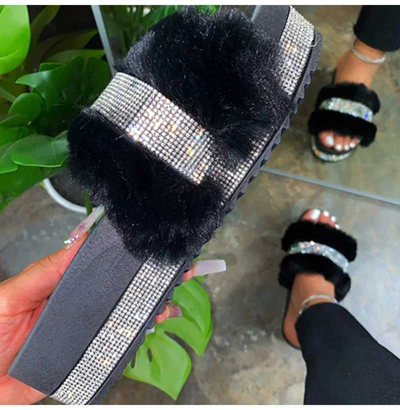Fur Slippers Women 2024 Fi Summer Fur Slides For Woman Rhine Sandals Fluffy Female Shoes Glitter Indoor Diamd ShoesXJ250207